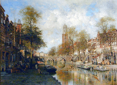 26184 Gezicht op de Oudegracht te Utrecht vanaf de Smeebrug met op de achtergrond de Weesbrug en de Domtoren.
